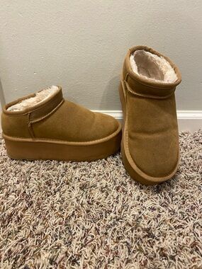 Amazon Tan Faux Suede Platform Ankle Booties with Shearling Lining